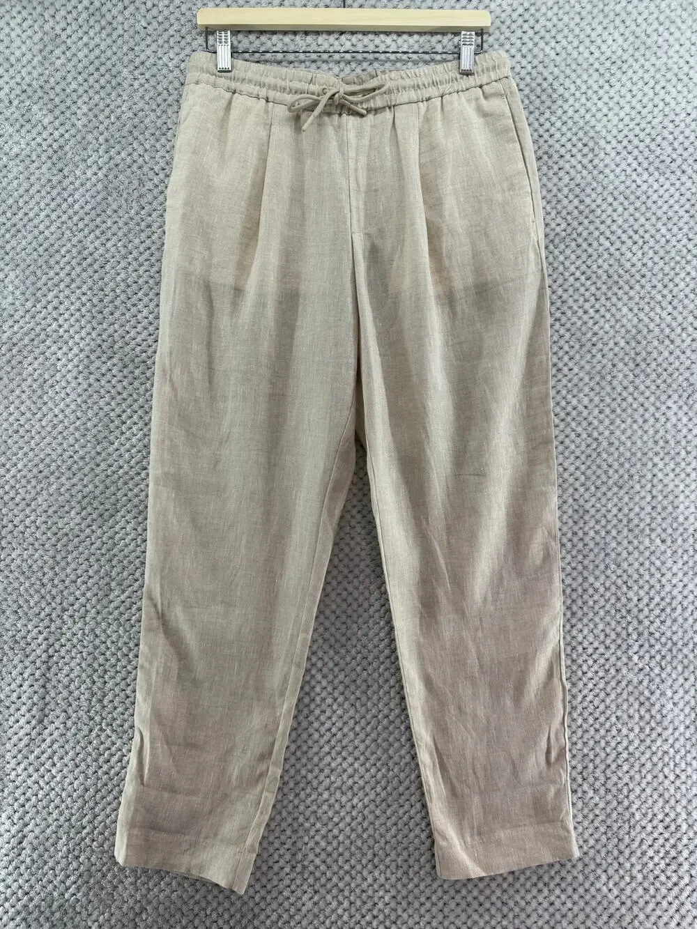ZARA Linen Pull On Pants Womens Medium Cream Elastic Wasit Pockets High Rise